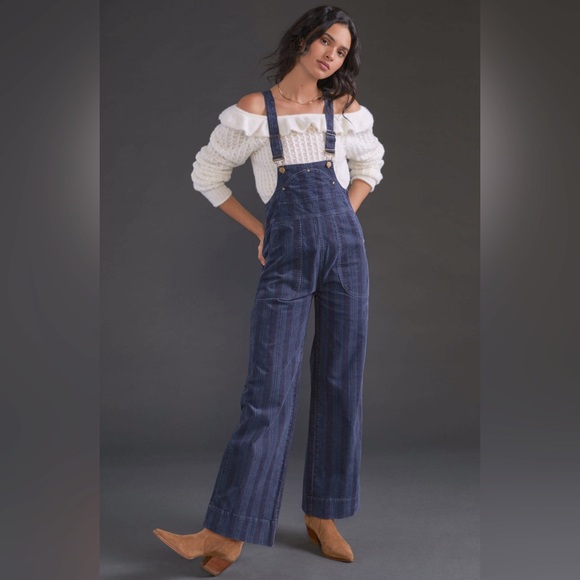 Anthropologie Pilcro Navy Blue Striped Corduroy Overalls size 25 - Picture 2 of 16